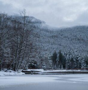 Snow-covered trees and hills surround a partially frozen lake under a cloudy sky in a winter landscape.